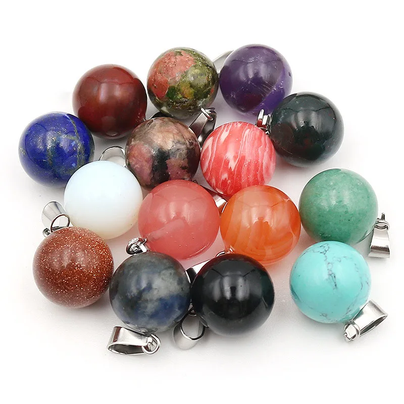 20pcs/ Bag 14mm  Natural Stone round Pendant Charm Quartz Crystal Ball Pendant for DIY Necklaces Jewelry Making