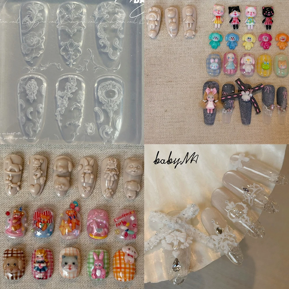 

1Pc Cartoon Animal Rabbit Cats Dogs Character 3D Acrylic Nail Mold Decorations Diy Silicone Bowknot Nail Art Carving Molds
