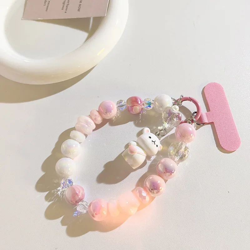 Pink bear beaded chain love mobile phone lanyard irregular bead bead chain DIY wristband rope ornament