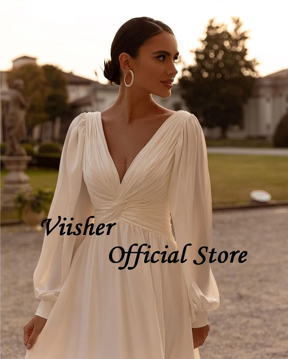 Viisher Ivory Chiffon Wedding Dresses for Bride Long Sleeve V Neck A Line Bridal Gown Backless Simple Civil Wedding Dress 2024