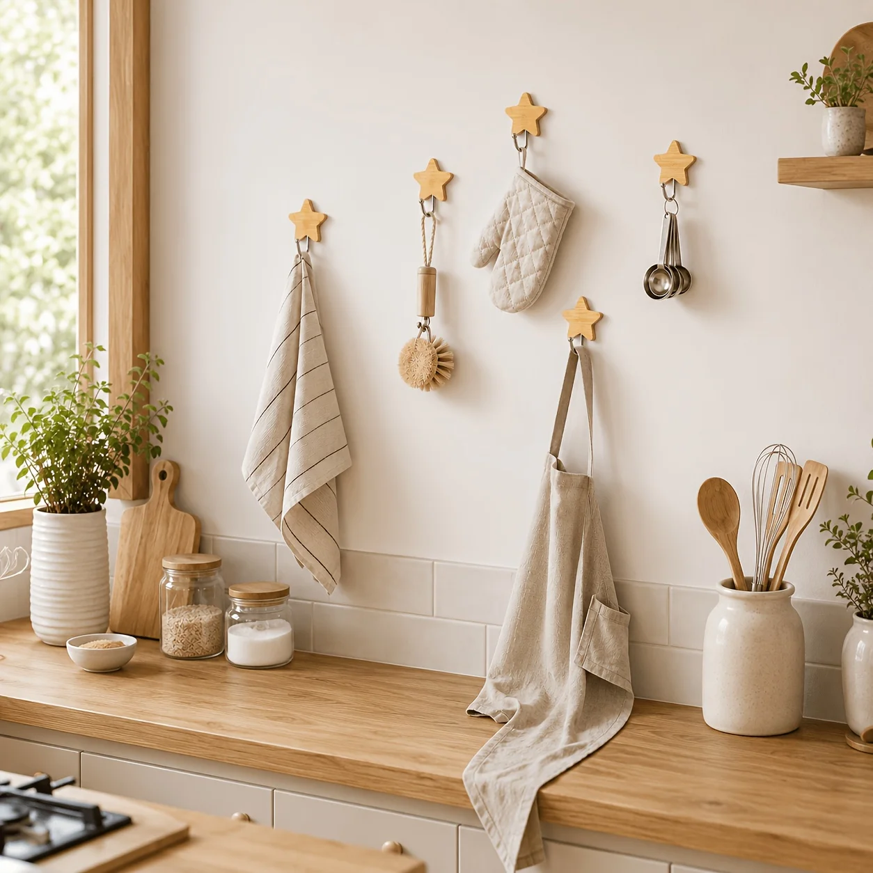 2/4pcs Wall Hooks, No-Drill Star-Shaped Wooden Hooks, Strong Sticky Wall-Mounted Hooks for Home Bathroom Kitchen Bedroom Office