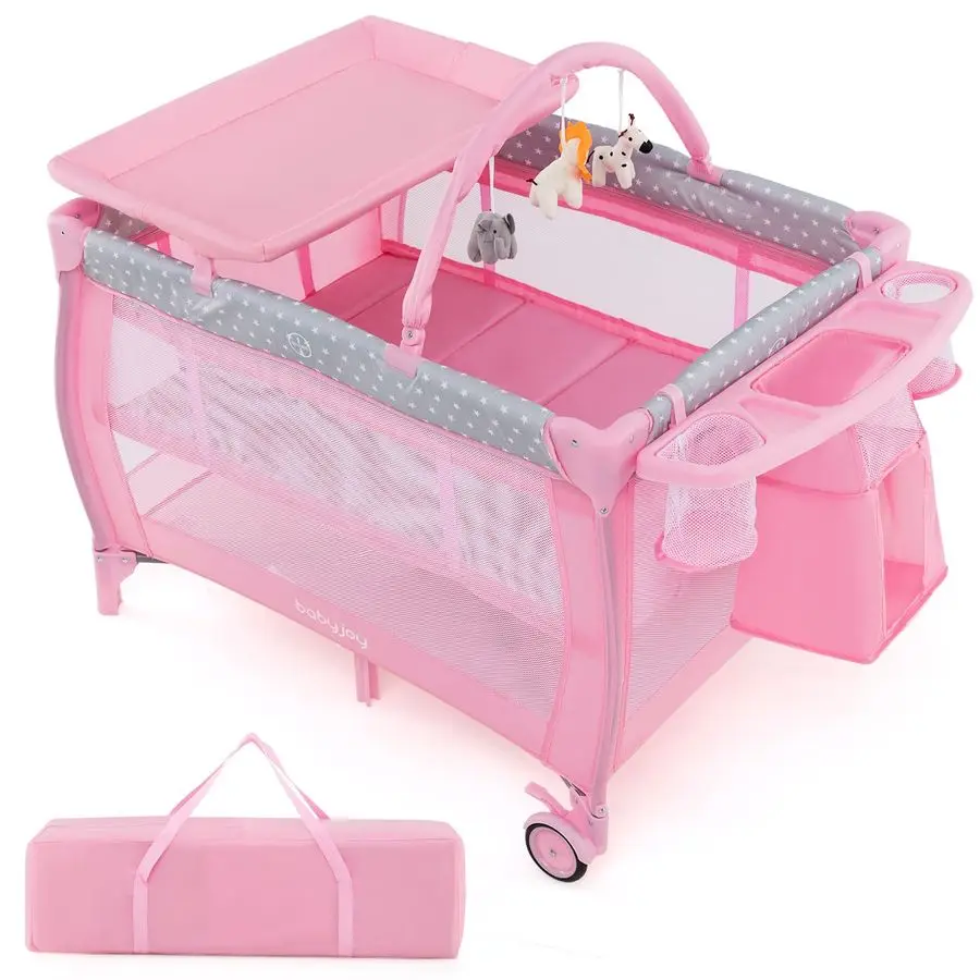 حزمة محمولة 3 في 1 ولعب مع سرير، لعبة سرير سفر للأطفال قابلة للتحويل مع طاولة تغيير، عجلة فرامل، قيلولة لحديثي الولادة