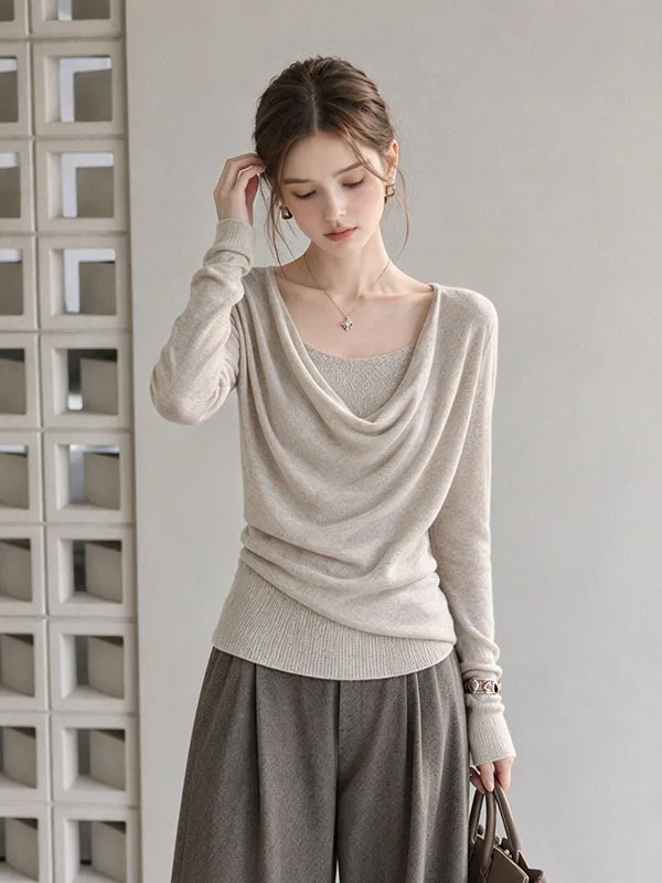 Slim Fit Long Sleeve Knitted Sweater for Women Autumn Season Gentle Style Chic Top Small Size Boat Neck Knitwear Female Premium