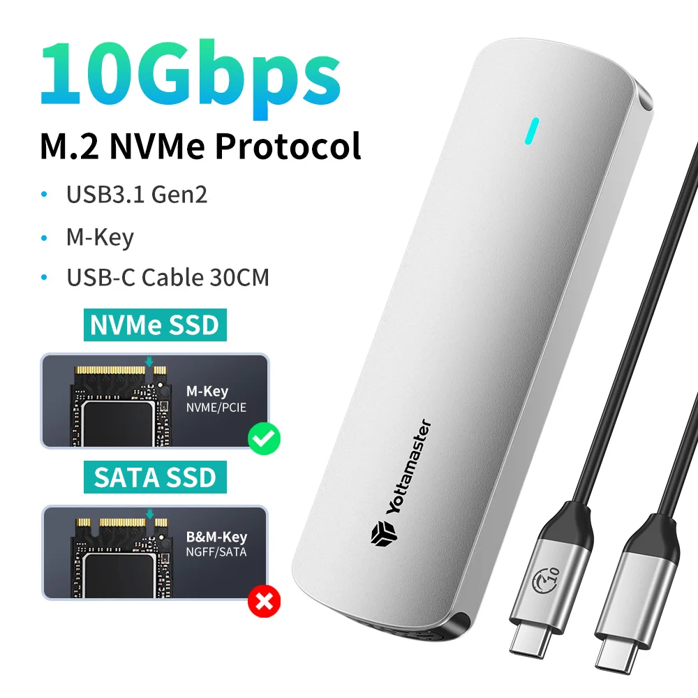 NONE Yottamaster M2 SSD-Gehäuse Dual-Protokoll Festplattengehäuse 10Gbps NVME PCIE und 5Gbps SATA AHCI Externes Solid-State-Laufwerksgehäuse 7