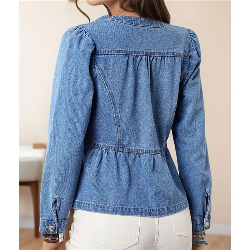 【KITS】Women's Peplum Denim Jackets Collarless Round Neck Button Down Cropped Ruffle Hem Jacket