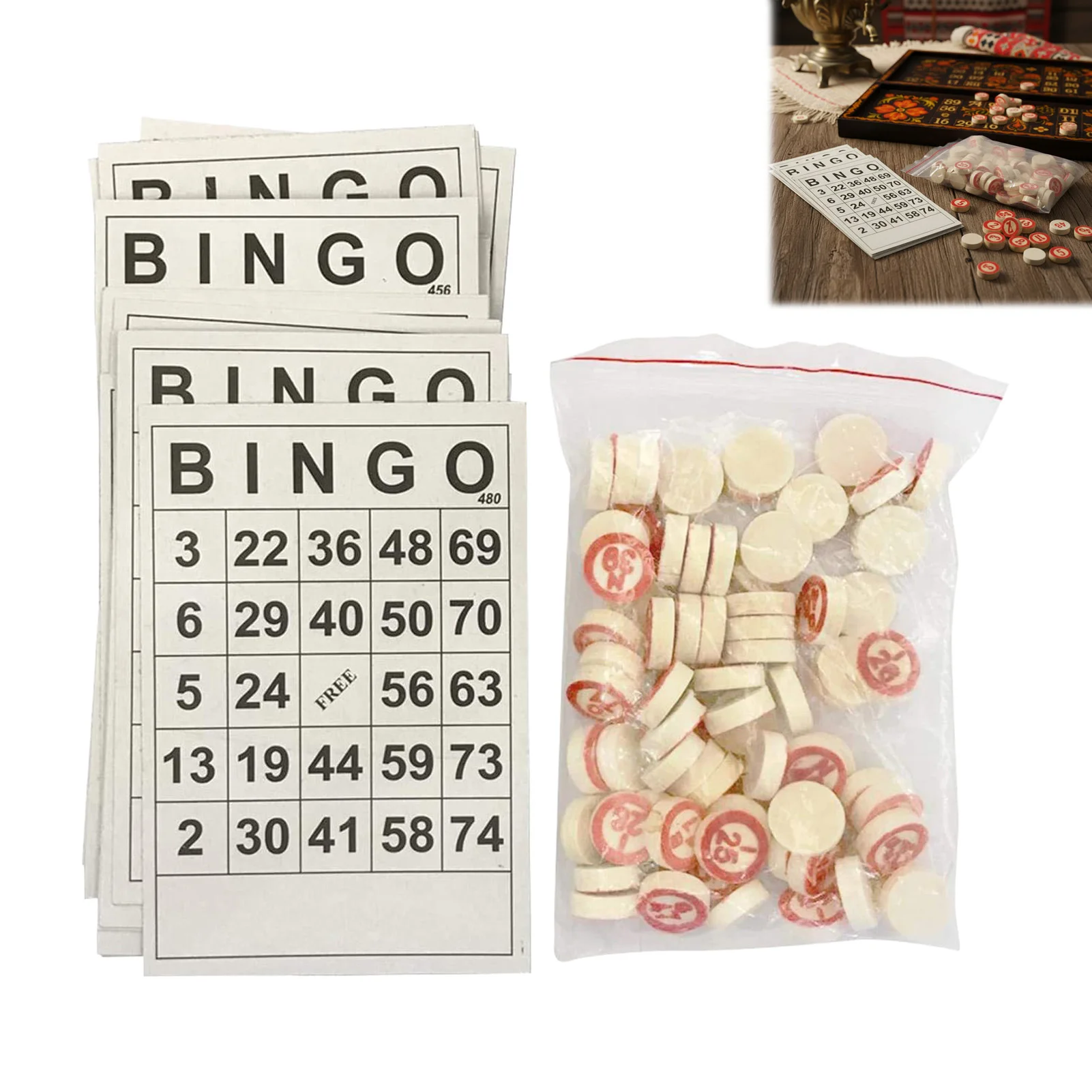Set di giochi Bin-go in legno con 40 carte 75 chip Lotto Board in stile russo Gioco per feste in famiglia Giocattolo educativo per adulti Bambini