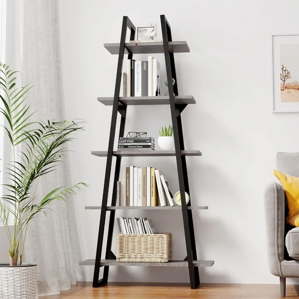 Bookshelf 5 Tier Industrial Wood Bookcase & Magazine Racks Tall Open Rustic Etagere Bookcase Ladder Book Shelf Storage Furniture