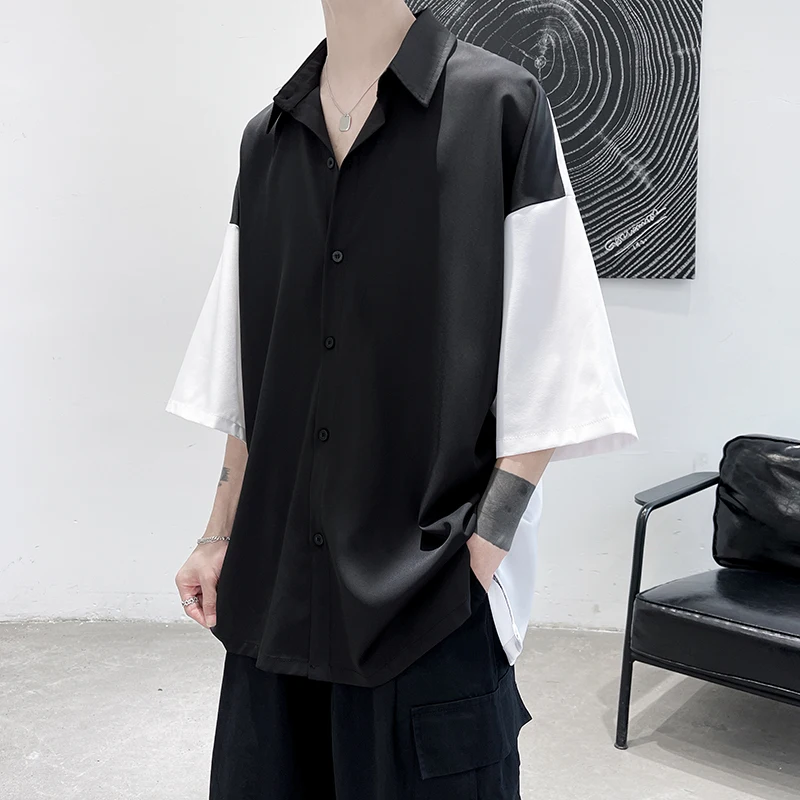 

2024 Men Summer New Fashion Contrast Color Casual Shirt Men's Short Sleeve Thin Shirts Male Oversize Loose Buttons Blouses D446