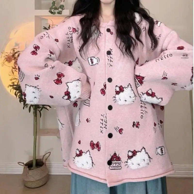 Kawaii Sanrios Hellokitty Sweatshirt Girl's Knitted Round Neck Long-Sleeved Cardigan Sweater Sweet Casual Fashion Versatile Coat