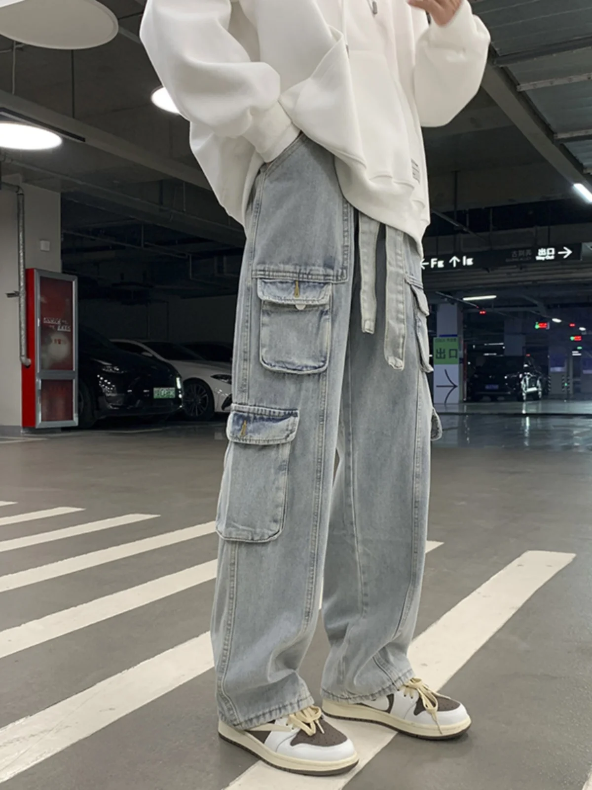 

Men's Straight Leg Jeans Multi-ket Workwear Casual Pants High Street Wide Leg Long Trousers American Functional Trendy Brand