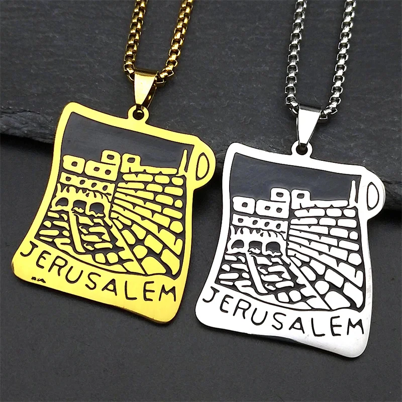 JERUSALEM the Holy City Scripture Scroll Pendant Necklace Women Men Stainless Steel Gold Color Christian Islamic Judaism Jewelry