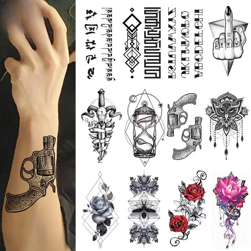 

Маленькие водонепроницаемые временные татуировки на всю руку для мужчин и женщин, поддельные татуировки, символ тотем, животное, череп, текстовые татуировки, наклейки