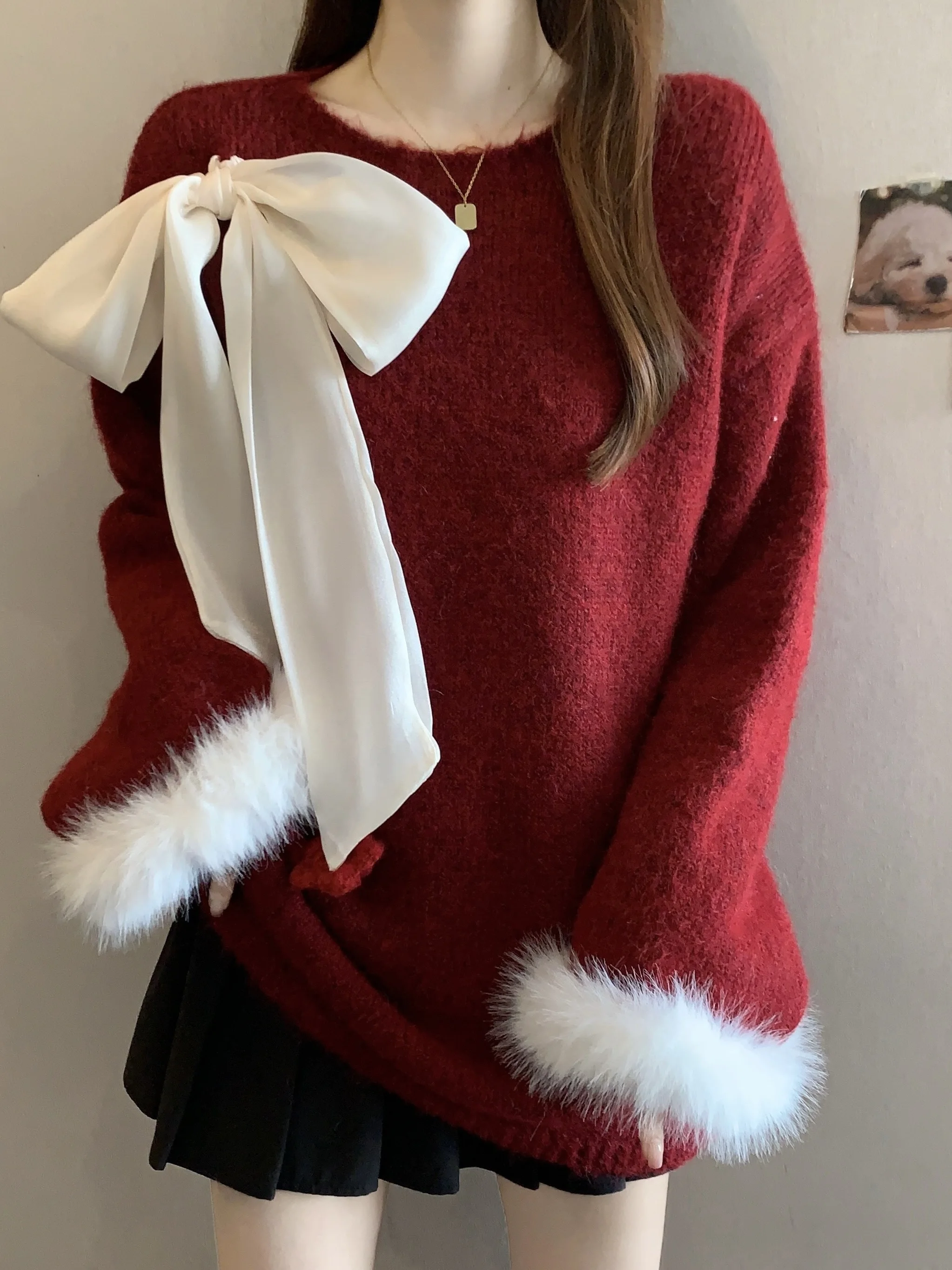 

Korean Style Christmas New Year Long Knitted Sweater Women plus Size Fashionable Knot Mid-Length Warm Top