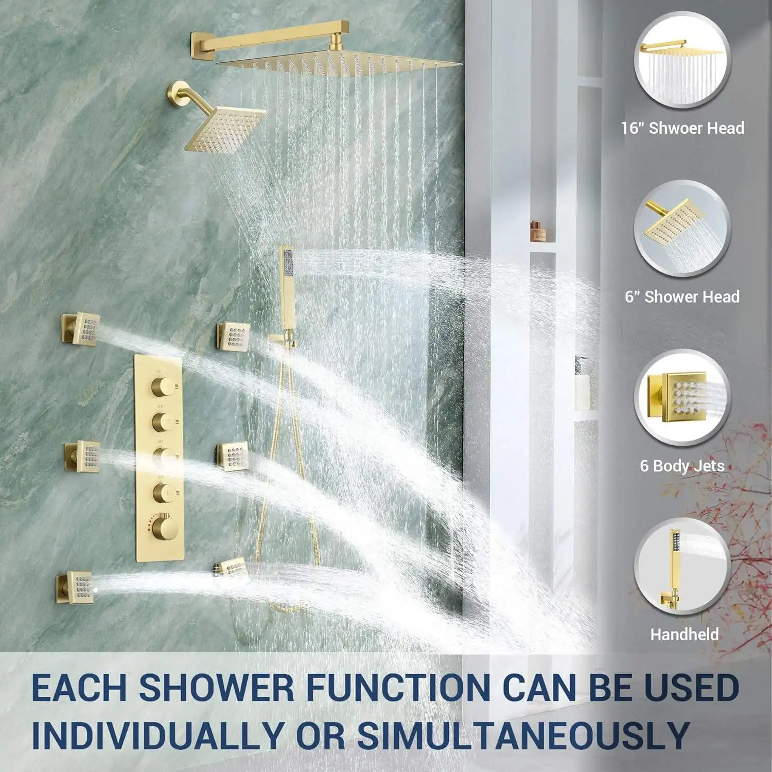 Thermostatic Dual Shower System 6 Body Jets 6-Inch 16" Rainfall Shower Modern Design Wall Mount Polished Gold Ceramic Faucet Set view 6