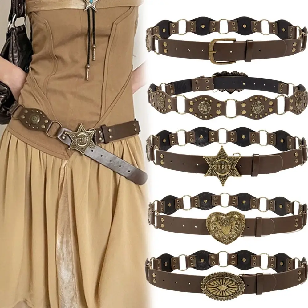 Retro Grommet PU Leather Waist Belt Vintage Rivet Gothic Steampunk Waist Cinch Belt Wide Y2k Waistband Female Jeans