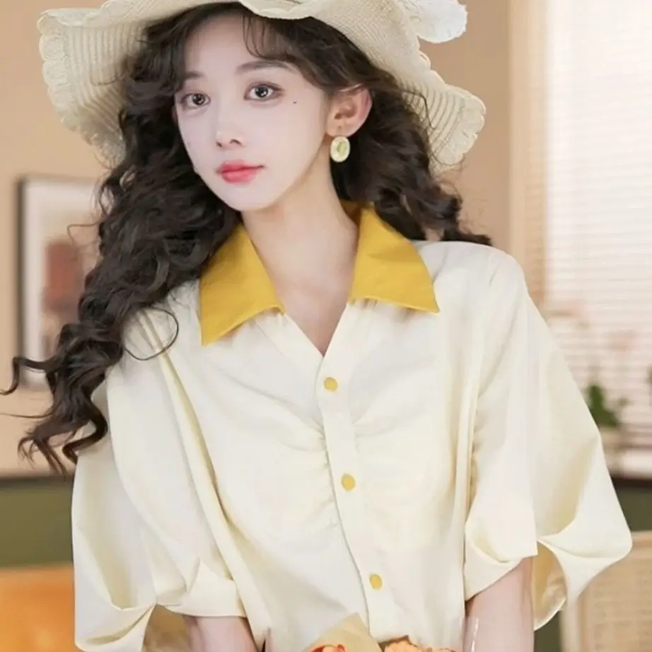 

Short Sleeve Shirts Womens Navy School Uniform Standing Beading Decor Owl Eyelet Hottest Angeles Block Base Fitting Lotus Fun