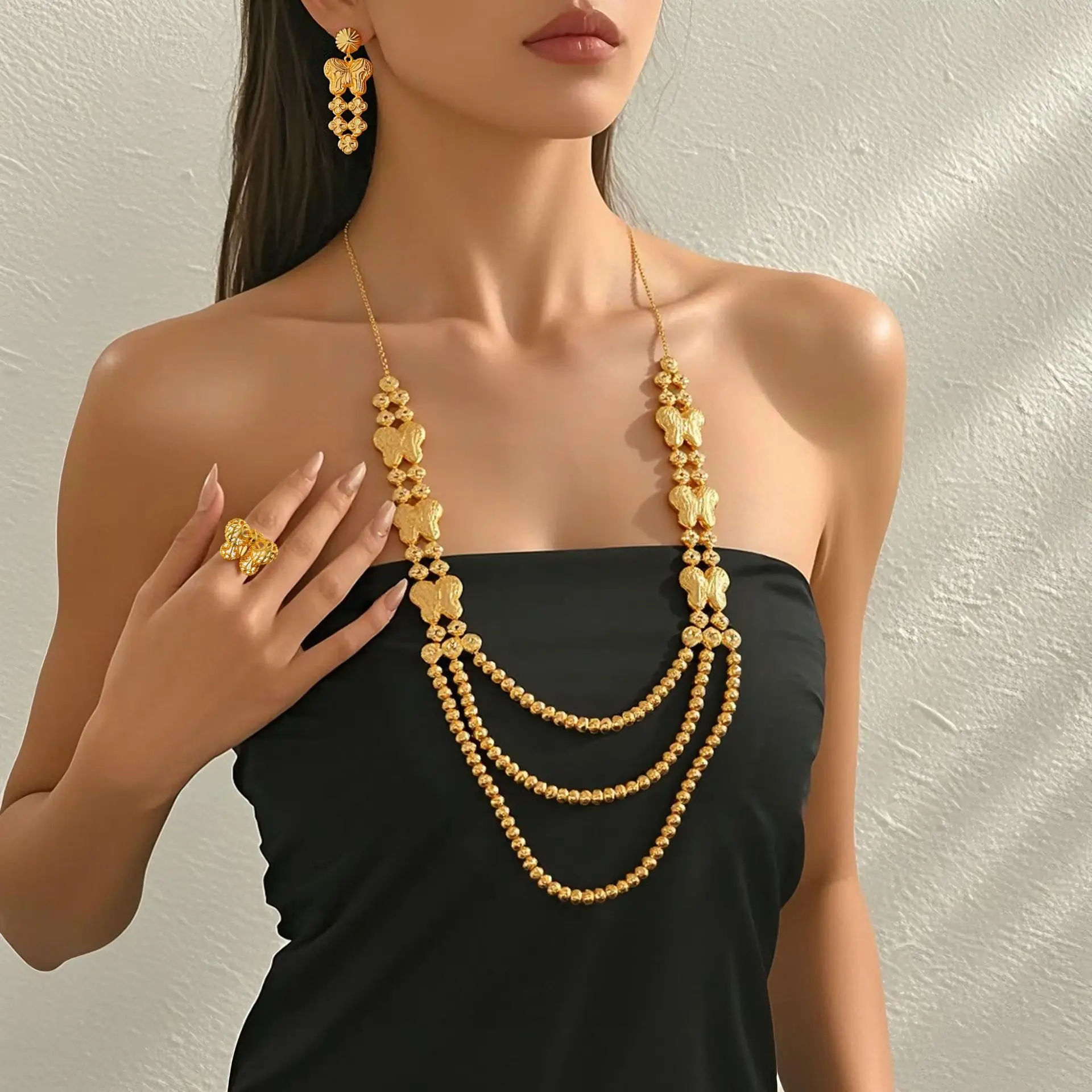 Luxury 24K 9999 Pure Gold real gold Middle East Flower Necklace Ring Bracelet Earrings Set Dubai Bride Wedding Necklace