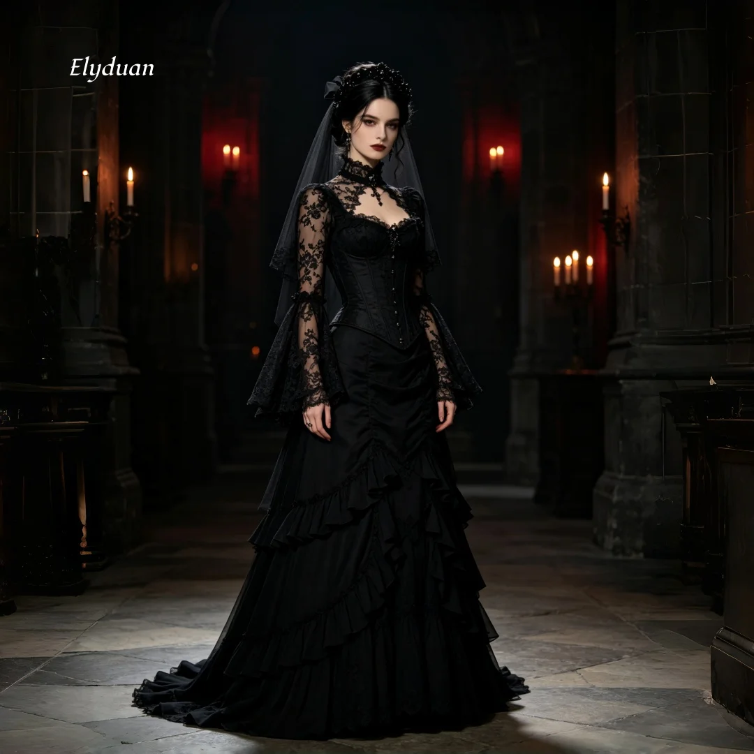 Black Gothic Victorian Wedding Dress High Neck Beaded Corset Bell  Lace Long Sleeve Tiered Ruffle Mermaid Bridal Gown Customized