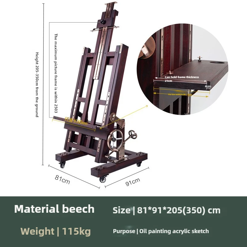 Beech Hand-cranked Jumbo Large Oil Painting Easel Wood Display Easel Canvas Board Adjustable Flat Stand Dual-use