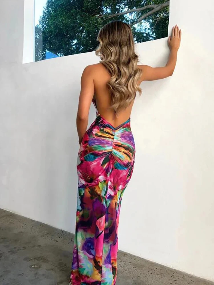 Blume Drucken Halter Frauen Kleid Backless Niedrigen Brust Sheer Sexy Bodycon Meer Party Strand Urlaub Pfirsich Hüfte Vestidos