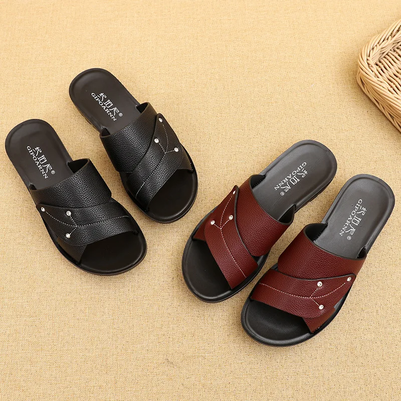 2023 Summer Women Open Toe Sandals Female Leather Casual Slip On Slippers Women Breathable Walking Sandals Plus Size 35-43