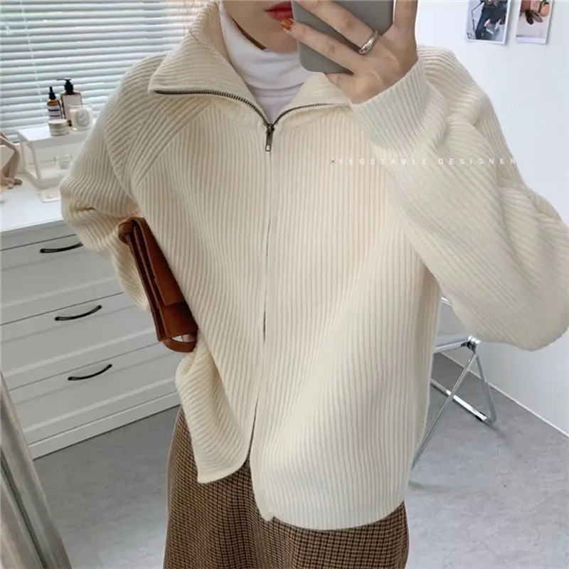 Zipper Cardigan for Women's Sweater Y2k Autumn Winter Knitted Top Blouse Button Up Collar Warm Thicken Women Coat Soft Jacket