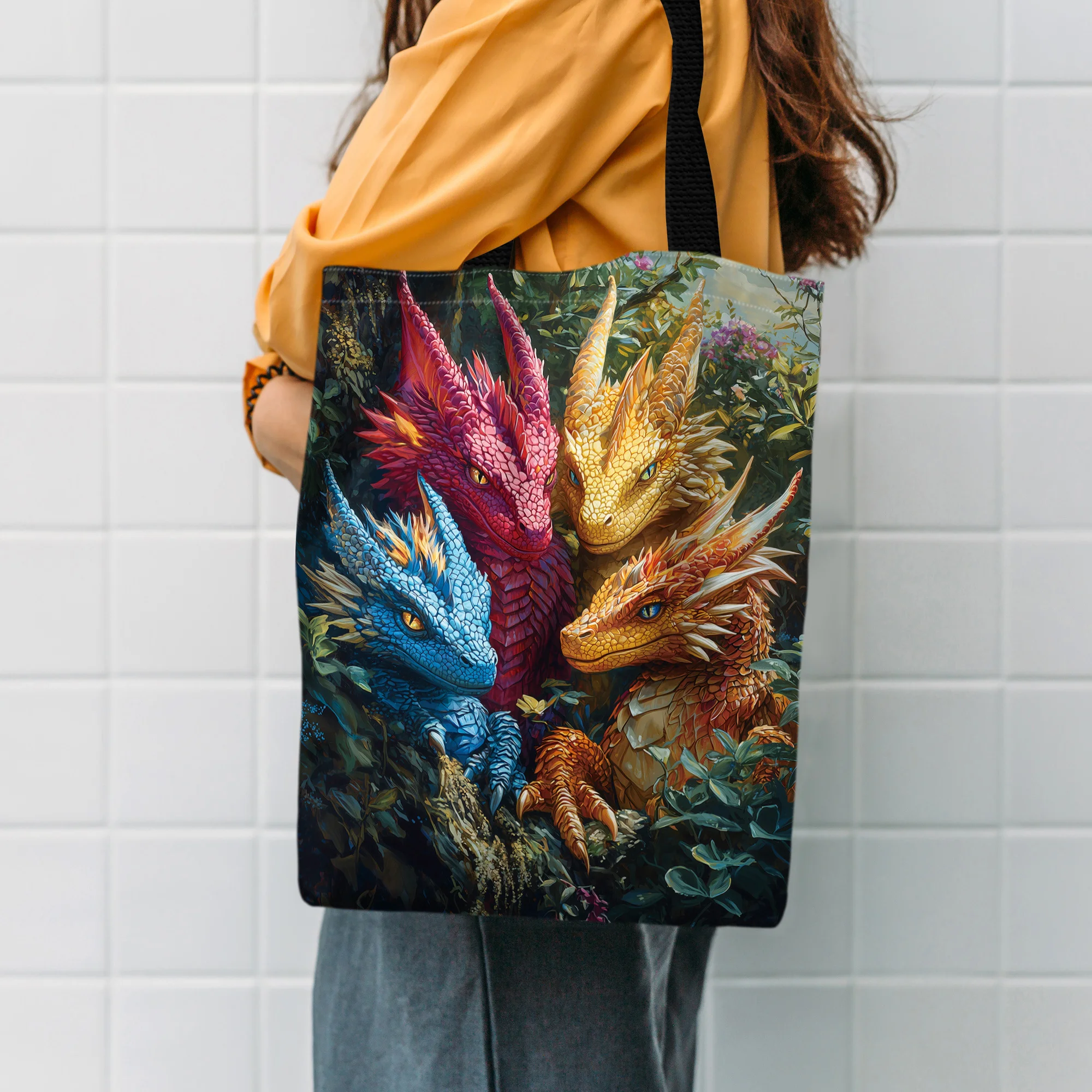 Dragon Lore Bold Fantasy Dragons Tote Bag Durable Polyester Fashion-Forward Design shoulder bag Shopping & Everyday Use Handbag