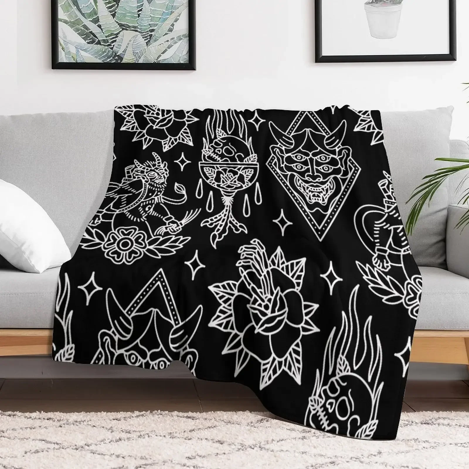 

Black and White Traditional Tattoo Flash Pattern Throw Blanket Sofa Throw Designers Blankets