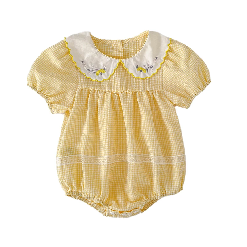 2026 Sommer 2-6 Jahre Kinder Karo-Süßes Partykleid 0-24 Monate Baby Mädchen Stickerei Kragen Kurzarm Body Gelbes Schwesterkleid – Detail 14