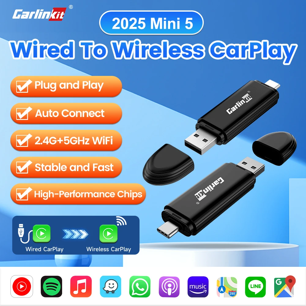 CarlinKit MINI 5 Wireless CarPlay Adapter for iPhone Convert Wired to Wireless CarPlay Plug&Play Easy Setup Stable Fast Connect