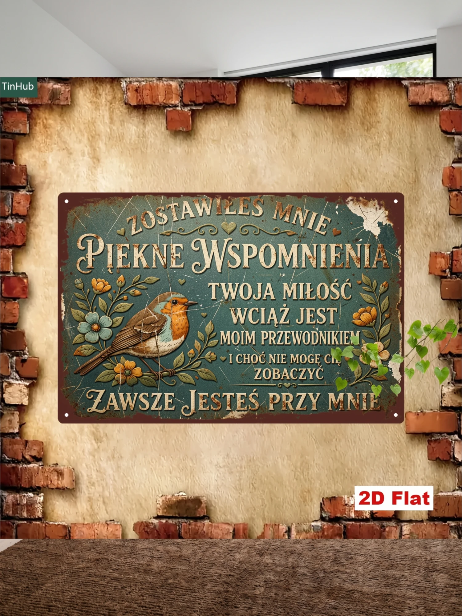 2D Flat, 2D Flat 1pc Vintage Polish Slogan Metal Sign, 7.87x11.81inch Iron Wall Hanging with Heartwarming Commemorative Quote and Exquisite Robin Floral Design, Vintage Industrial Style Wall Decor, Suitable for Living Room, Bedroom, Study