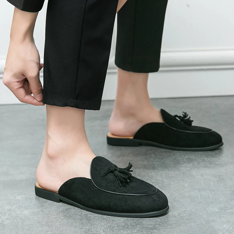 Masculino verde preto bege metade chinelos mocassins casuais camurça couro borlas sem acompanhamento conforto respirável sapatos para casa
