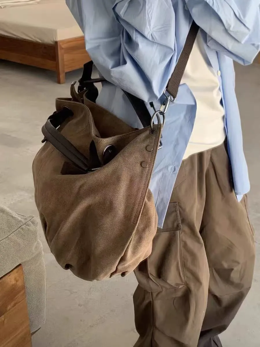 

American retro Maillard style messenger bag tooling large capacity canvas satchel