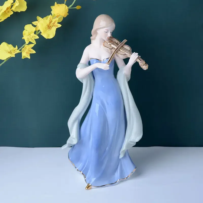 Jingdezhen ceramic girl playing violin ornament creative European home living room art beautiful woman character crafts