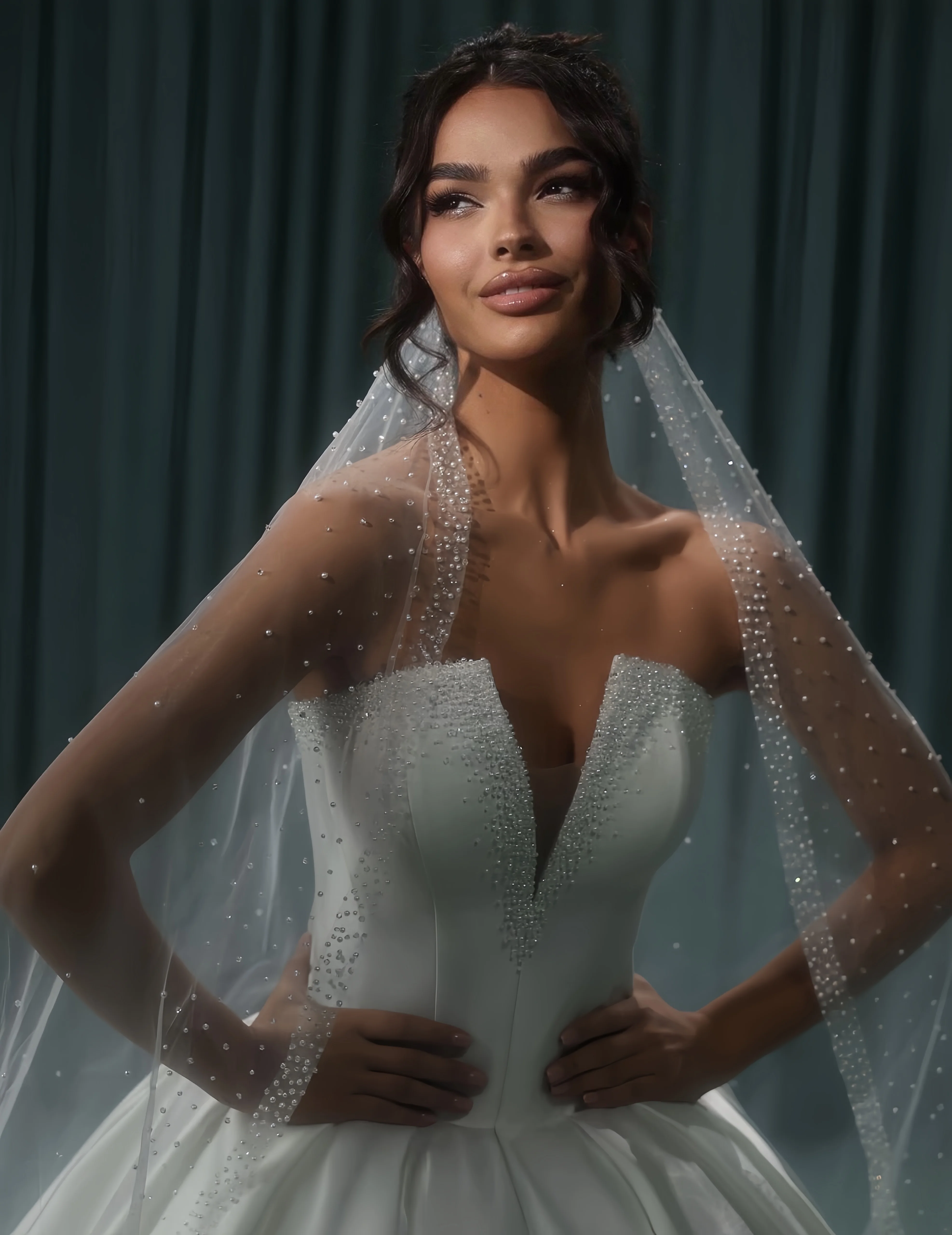 여성용 맞춤 제작 심플 스트랩리스 V넥, 등이 없는 비즈 장식 새틴 웨딩드레스