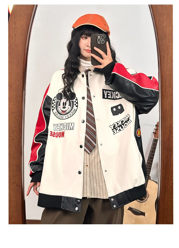 Americano retro dos desenhos animados bordado cor-bloco jaqueta de couro do plutônio para mulher solto casual único breasted casaco roupas femininas