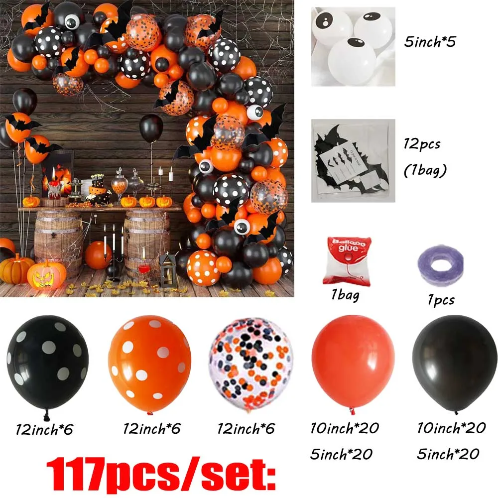 117pcs/Set Halloween Black Orange Confetti White Eye Balloon Arch Kit Bat Stickers Spooky Party Decoration Birthday Supplies