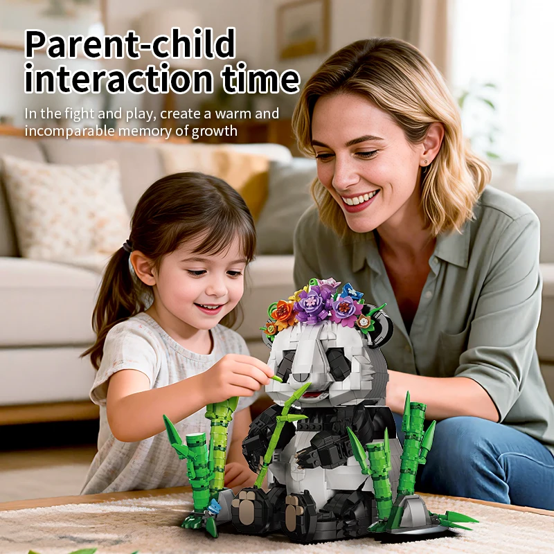 

Cute Panda Building Blocks with Flower on Head & Holding Bamboo, Chinese Style Animal Figure Model,Educational Toy Gift for Kids