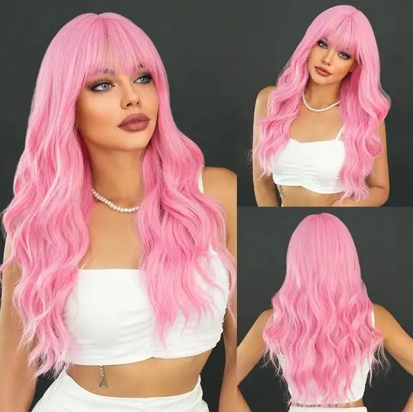 

Long Curly Pink Red Synthetic Wig Middle Part Of The Natural Lolita Wig For Women's Daily Cosplay Heat Resistant Big Wave Wig