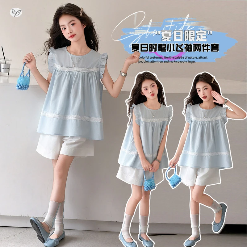 Girls Suit2026Summer new style for older children: white doll shirt with small flutter sleeves, shorts, and three-quarter pants