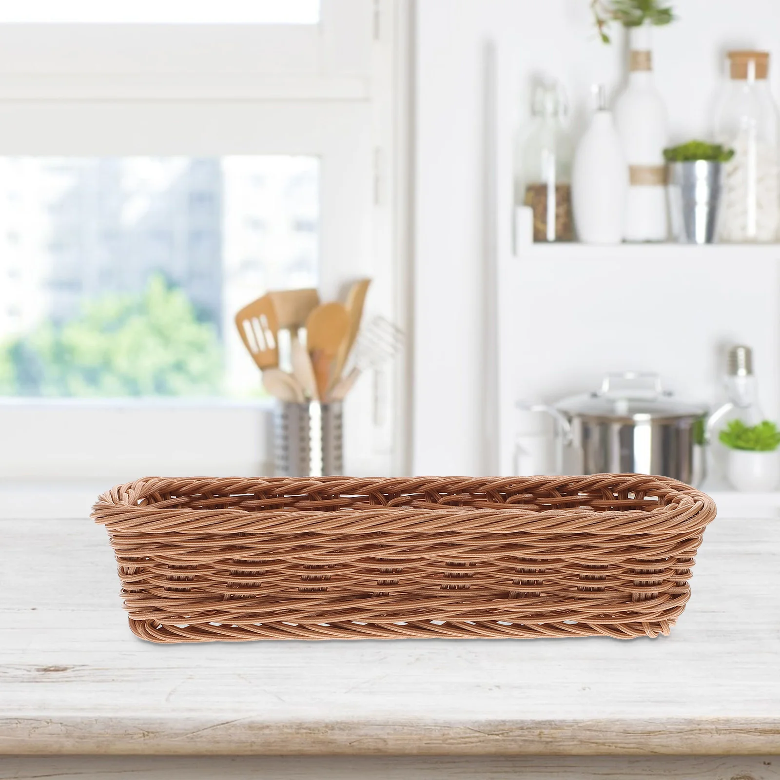 

Imitation Rattan Storage Basket Woven Household Organizer Multi Purpose Desktop Rack for Kitchen Bathroom Hotel
