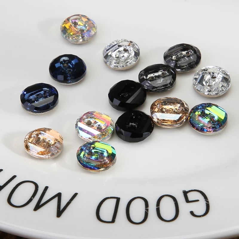 10 Uds. Botones de cristal con diamantes para mujer, ropa, camisas, decoración, botón de vestido de dos agujeros, 10mm