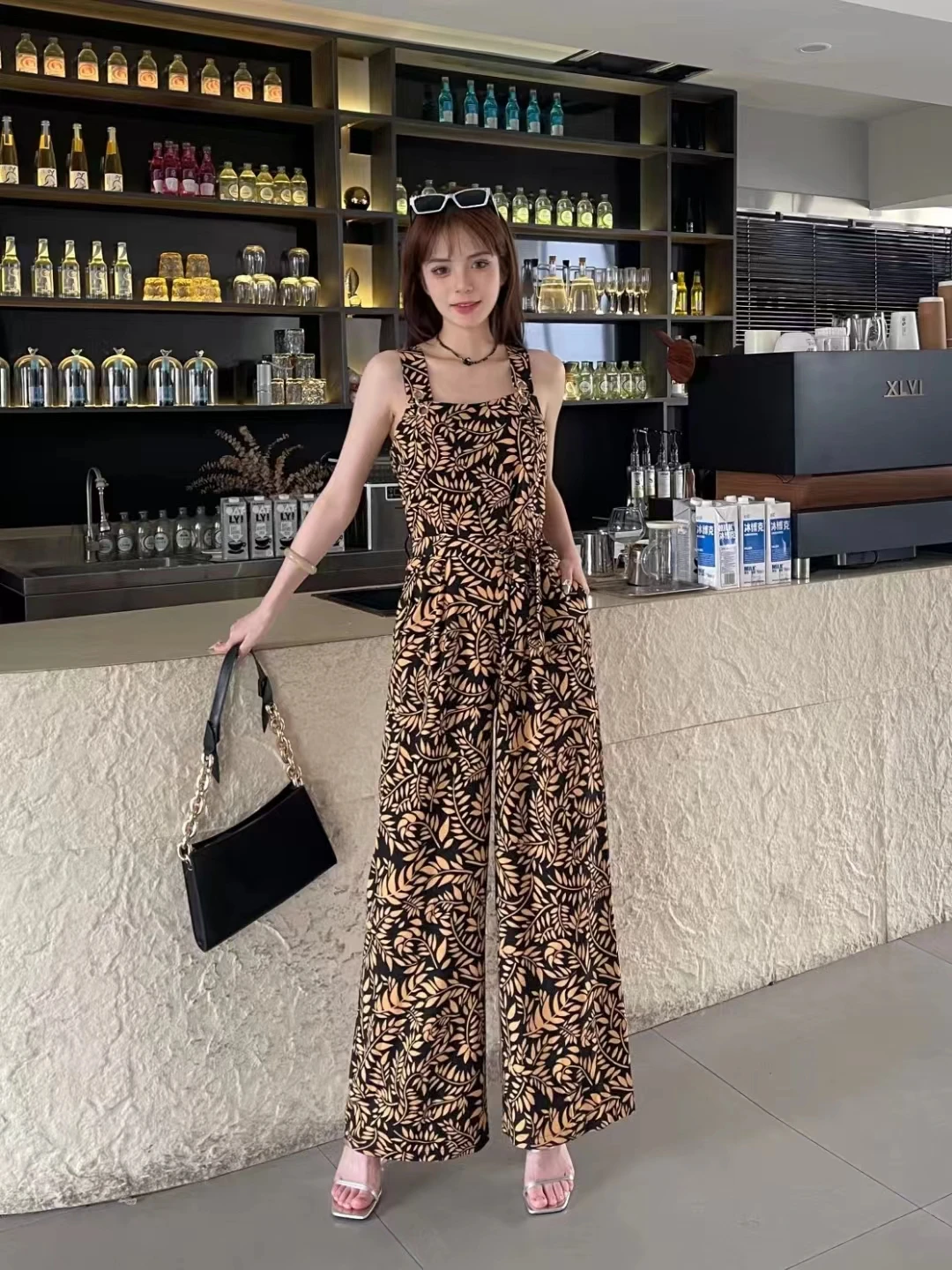 2024 New Summer Women Sexy Square Collar Strap Sashes Slim Jumpsuit Sweet Floral Print Wide Leg Long Pants Jumpsuit 9 Colors