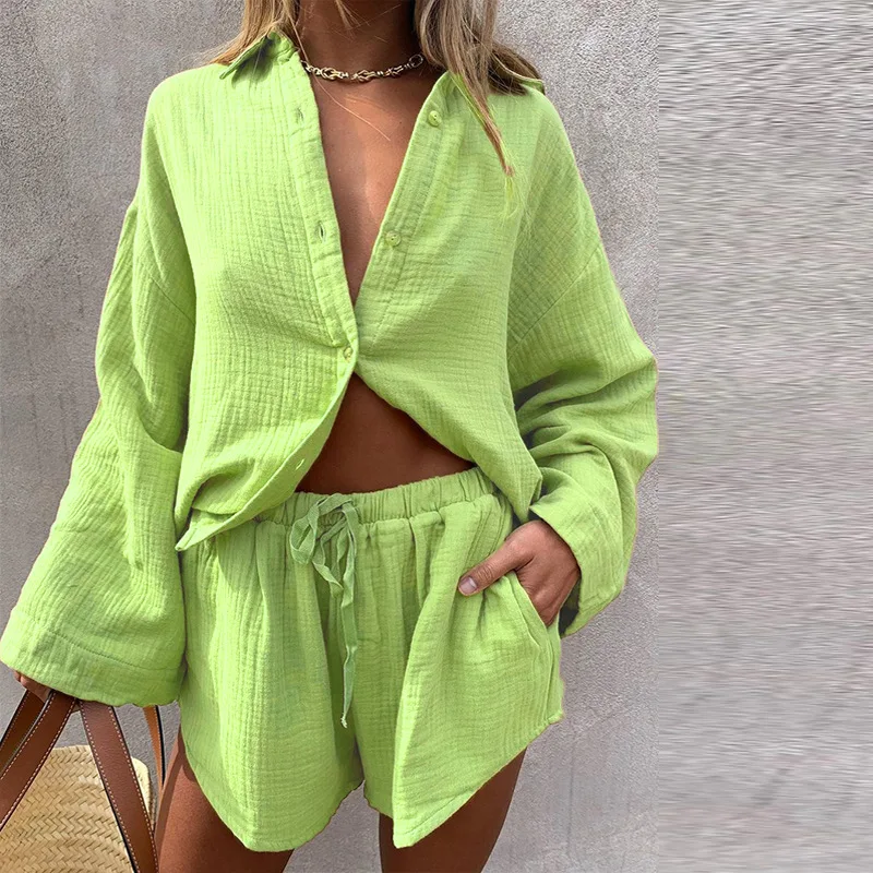 Spring Summer Elastic Waist Shorts Set Fashion Loose Flare Long Sleeve Shirts Suit Blouse Casual Simple Solid Women Outfits 2023