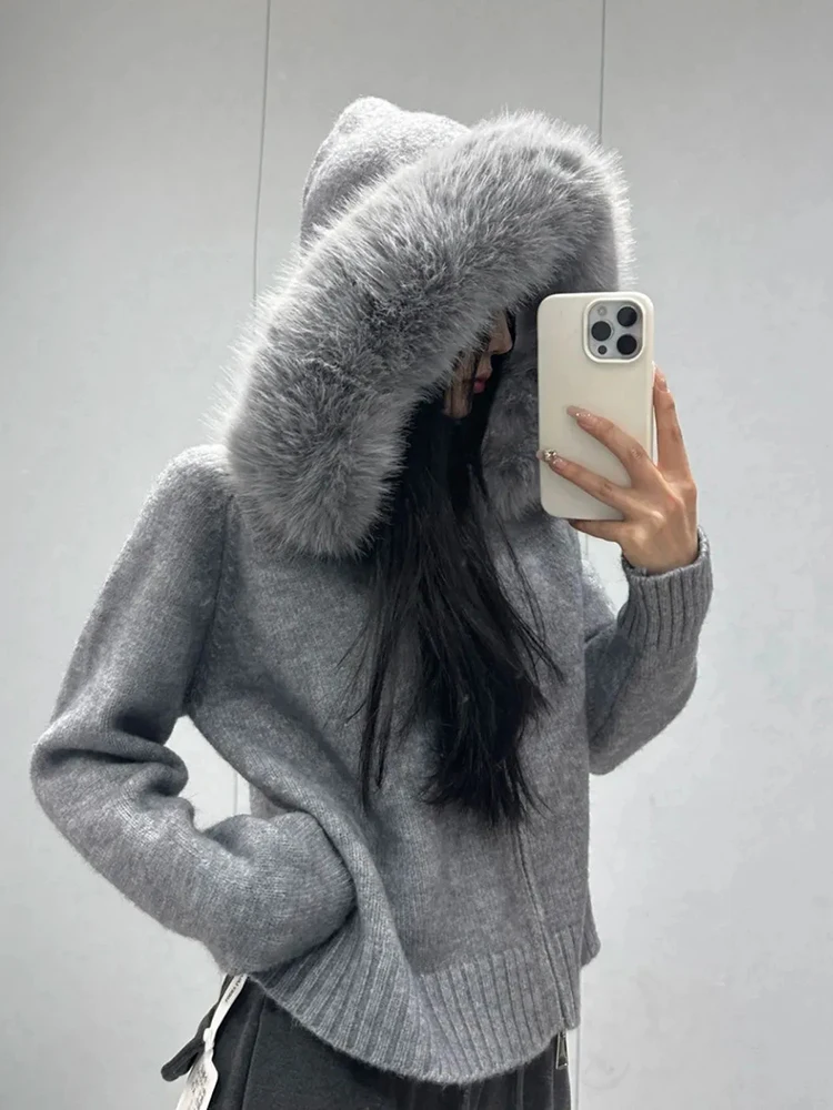 

Harajuku Y2K Gray Hooded Cardigan Sweater Women Streetwear Vintage Long Sleeve Knitted Jacket American Faux Fox Collar Retro Top