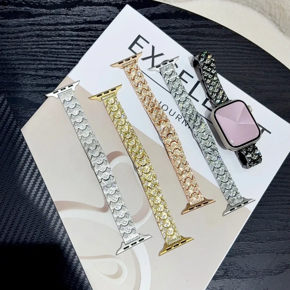 Full Diamond Fish Scale Metal Strap - Compatible with Apple Watch Ultra 3/2/1 S 9/8/7/6/SE/5/4, Compatible with 38-45mm Full Siz