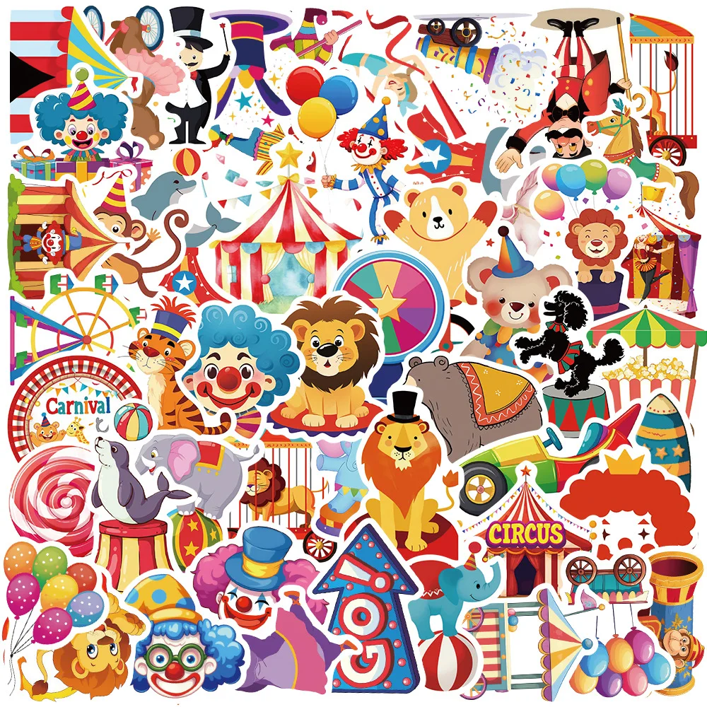 50PCS Crazy Carnival Circus Stickers Cartoon Fun Trick Joker Lion Elephant Graffiti Decals For Laptop Skateboard Suitcase Guitar