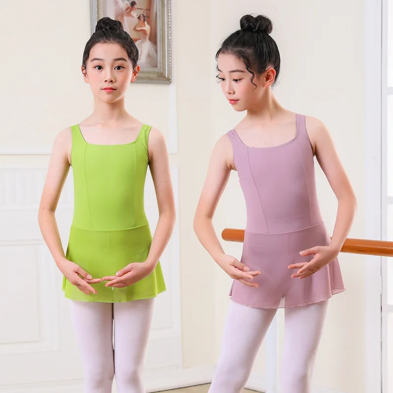 Summer Child Ballet Leotard Dance Costumes with Skirt Sleeveless Dress Backless Girls Practice Clothes Open Crotch Gymnastics