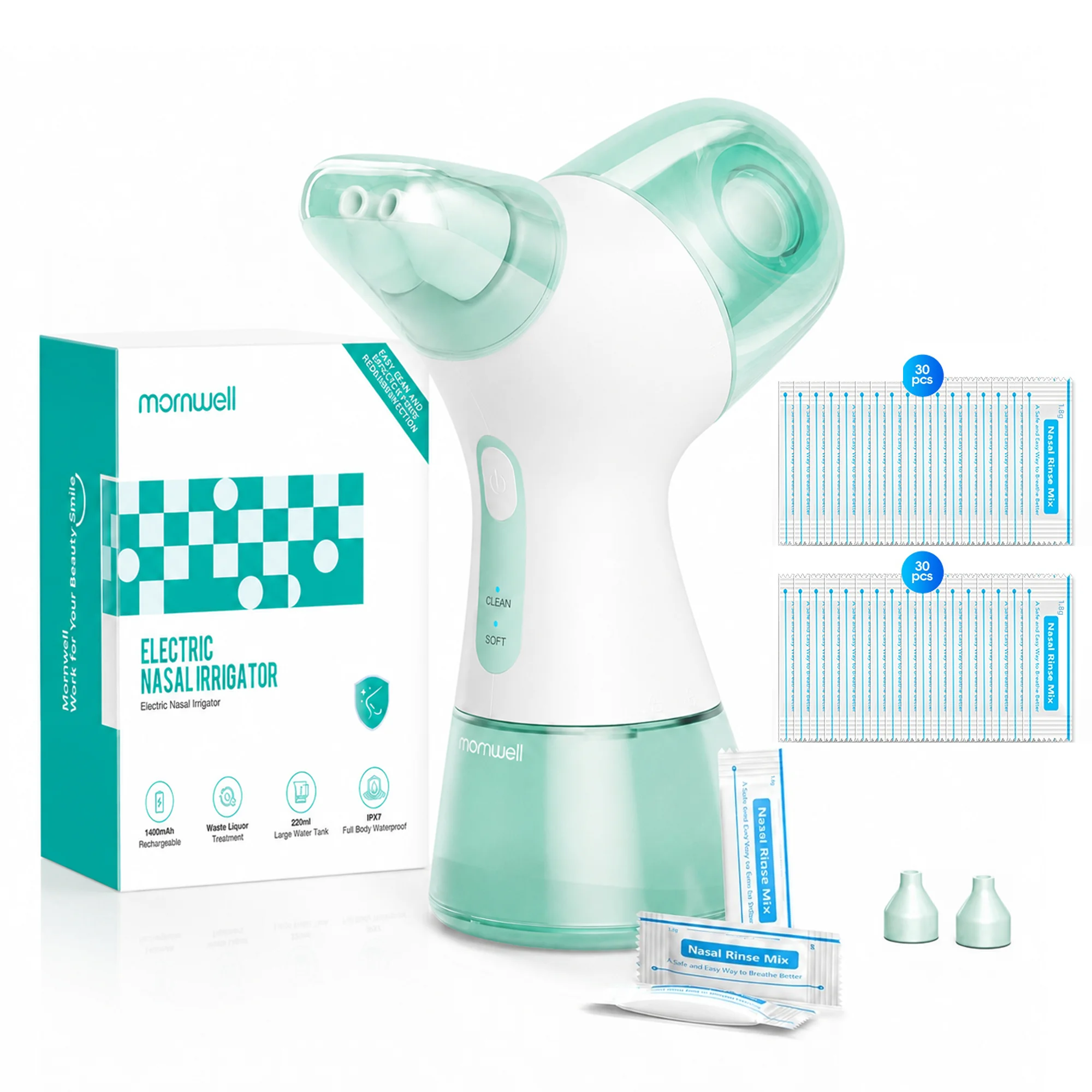 Electric Nasal Rinse Irrigation Self-Cleaning with Auto Waste Collection, 30 Salt Packets for Sinus Discomfort Relief