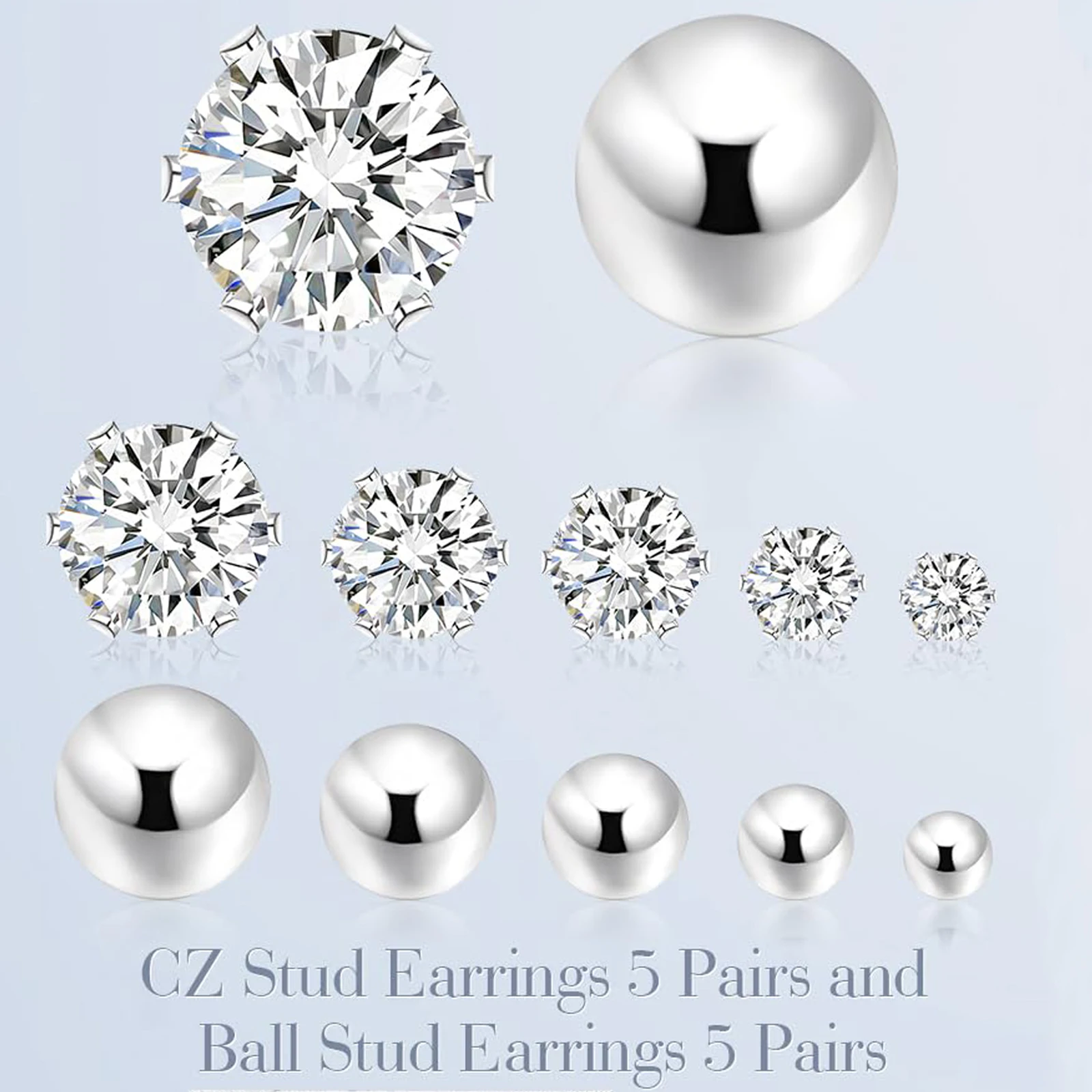5/10 Pairs Hypoallergenic Surgical Stainless Steel Cubic Zirconia and Ball Stud Earrings Set for Women Men Ear Piercing Jewelry